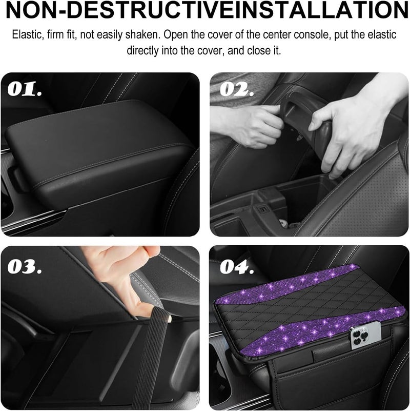 NBTEPEM Bling Purple Car Center Console Cover, Leather Middle Console Cover with 2 Storage Bags, Universal Arm Rest Cover, Bling Car Accessories Interior Fit for Most Vehicles, Purple Diamond - Image 5